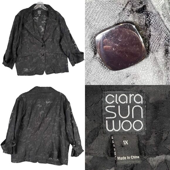Clara Sun Woo Sheer Floral Blazer Jacket Women's Black Plus Size 1X - Picture 1 of 8